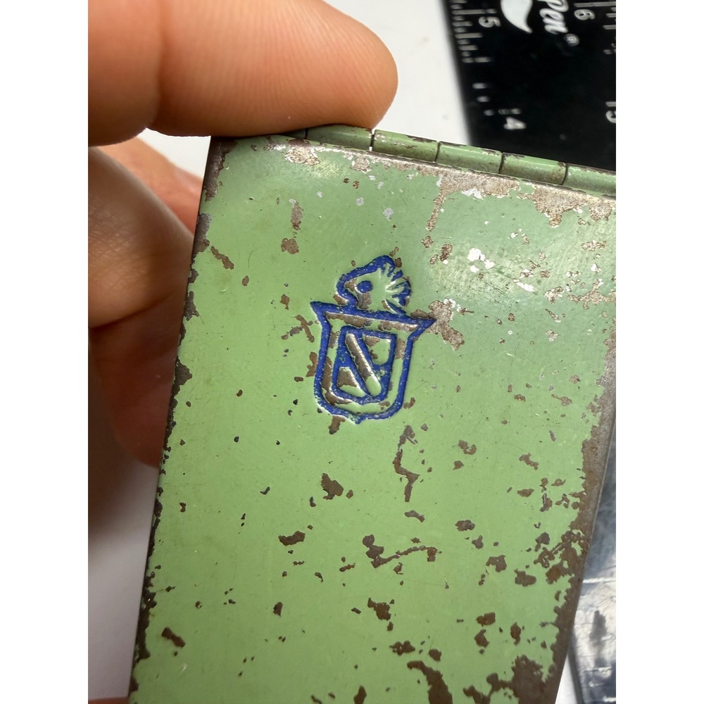 Antique Green Enamel Metal Makeup Compact Crest Logo Elsie Burkett PHS Vanity